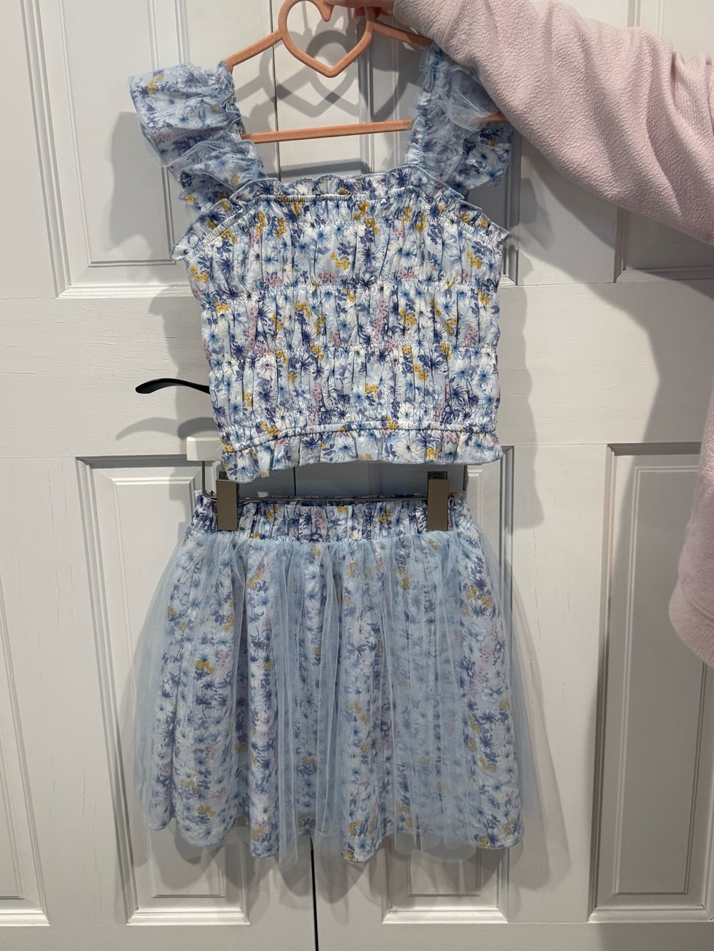 Sara Sara Light Blue Floral Smocked Top & Tulle Skirt Set